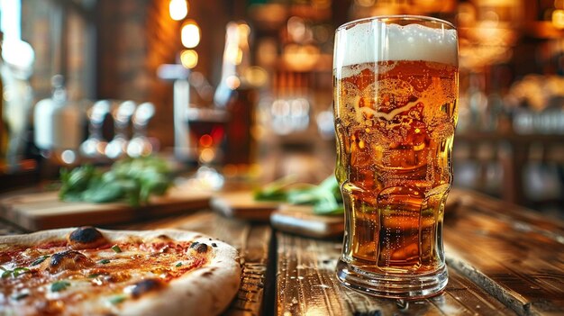 a glass of beer next to a pizza and a pizza