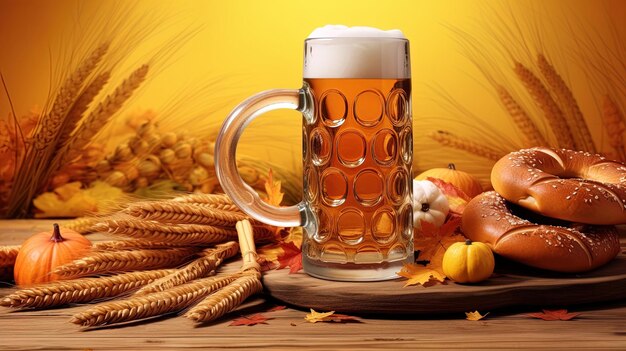 a glass of beer next to a plate of corn and corn on a table
