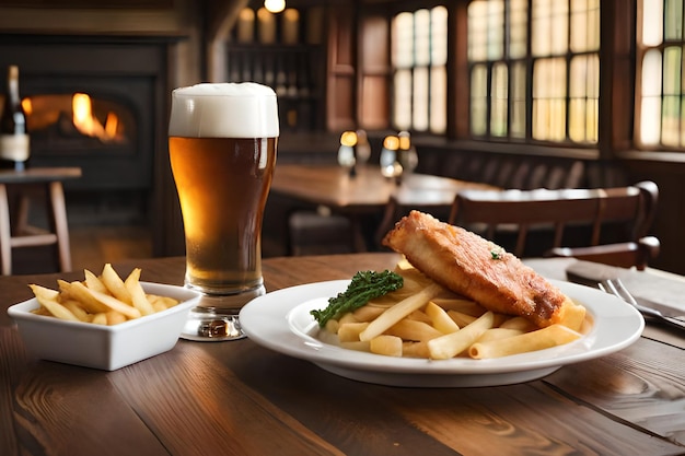 A glass of beer next to a plate of food with a plate of food and a glass of beer on the table.