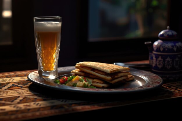 Glass of Beer and Plate of Food