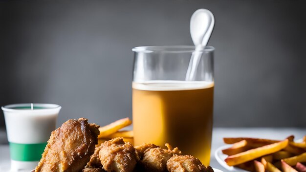 Photo a glass of beer next to a plate of fried chicken and a glass of beer.