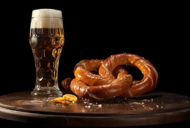 a glass of beer and pretzel sit on top of a table in the style of aquirax uno