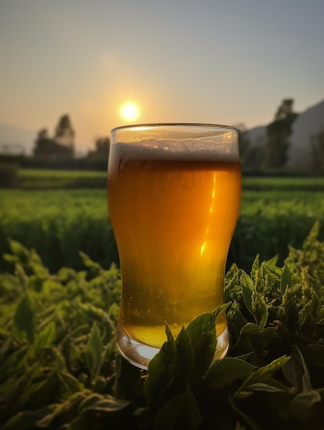 산 앞 풀밭에 맥주 한 잔이 놓여 있다.