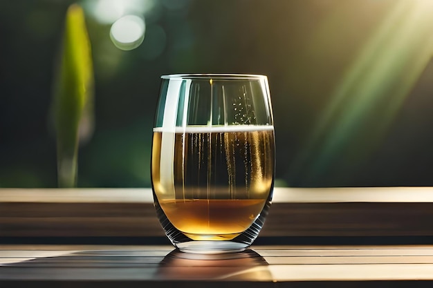 A glass of beer sits on a table in front of a green background.