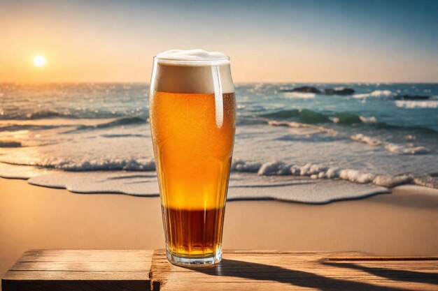 Photo a glass of beer sits on a table next to the ocean