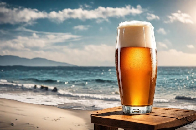 a glass of beer sits on a table next to the ocean