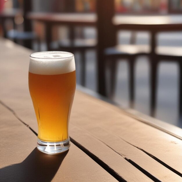 a glass of beer sits on a table outside