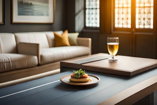 A glass of beer sits on a table next to a plate of food.