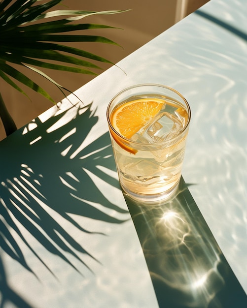 a glass of beer sits on a table with a palm tree in the background.