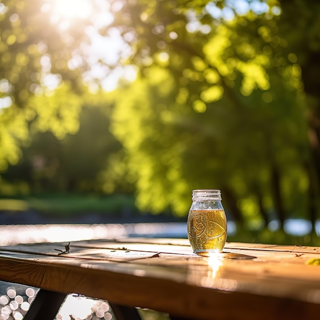 강을 배경으로 맥주 한 잔이 탁자 위에 놓여 있다.