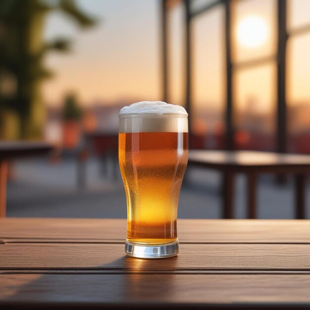 a glass of beer sits on a table with a sunset in the background