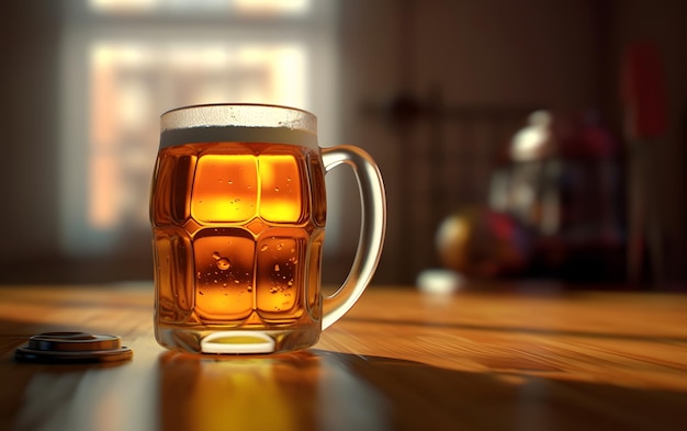 A glass of beer sits on a table with a window in the background