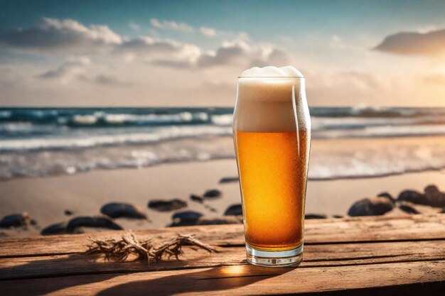 a glass of beer sits on a wooden table with the ocean in the background