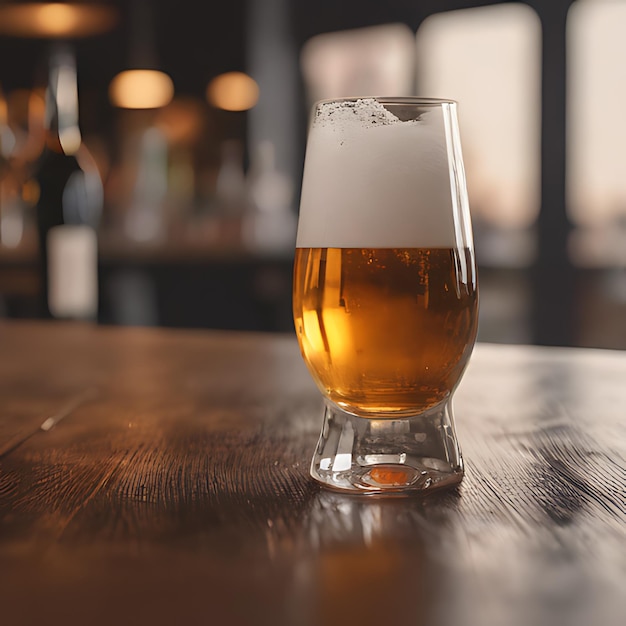 a glass of beer sits on a wooden table