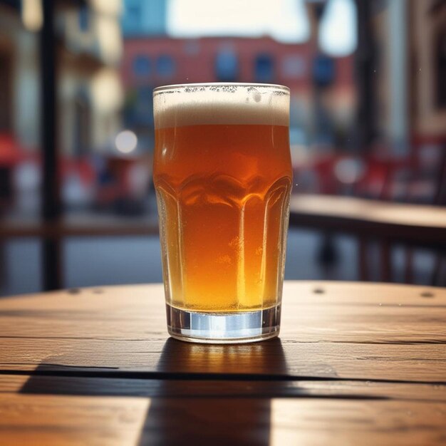 a glass of beer sits on a wooden table