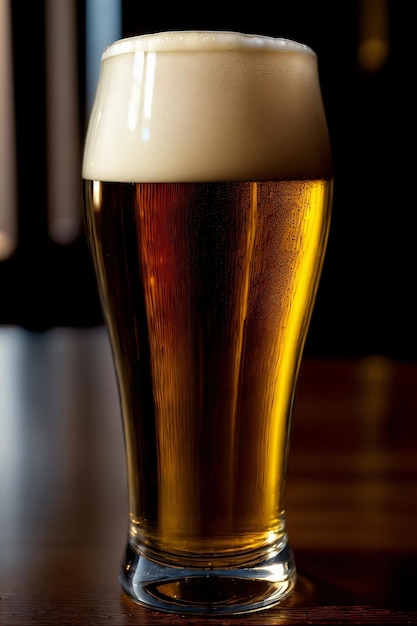 A Glass Of Beer Sitting On Top Of A Wooden Table