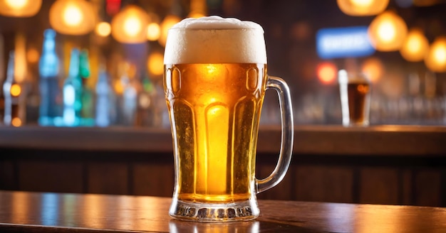 Glass of beer standing on a bar counter with a blurry background of lights in the background and bar lighting in the background precisionism