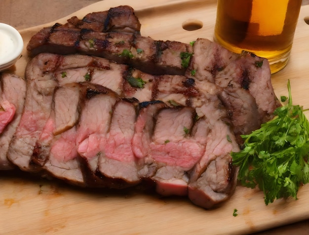 A glass of beer next to a steak