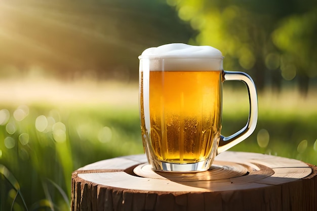 A glass of beer on a stump in the sun