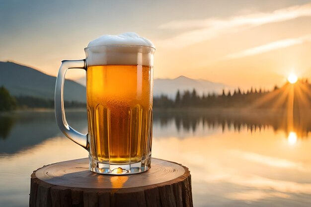 A glass of beer on a stump with a mountain in the background