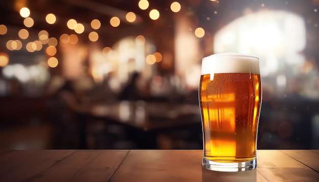 A glass of beer on the table on the background of a bar