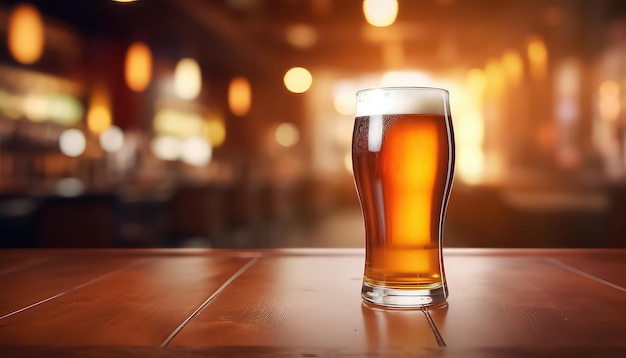 A glass of beer on the table on the background of a bar