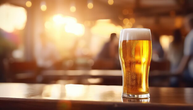 A glass of beer on the table on the background of a bar