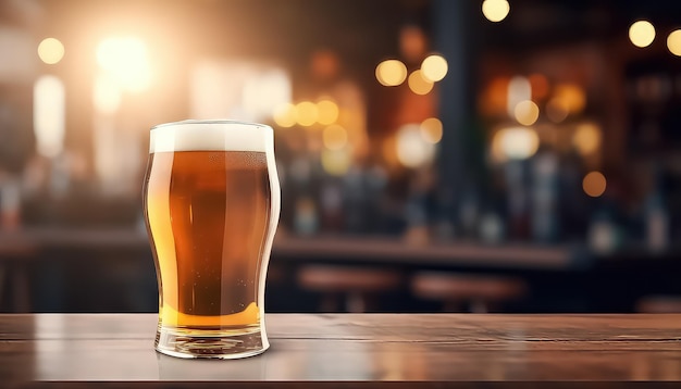 A glass of beer on the table on the background of a bar