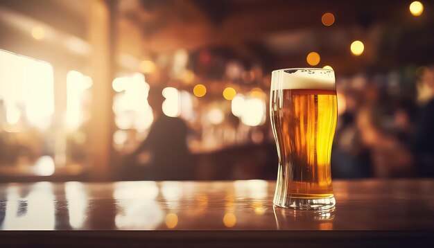 A glass of beer on the table on the background of a bar