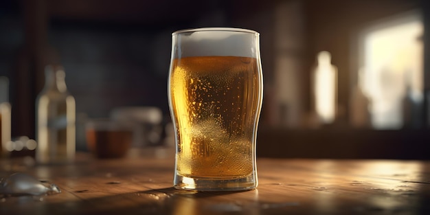 glass of beer on a table in a bar on blurred bokeh background