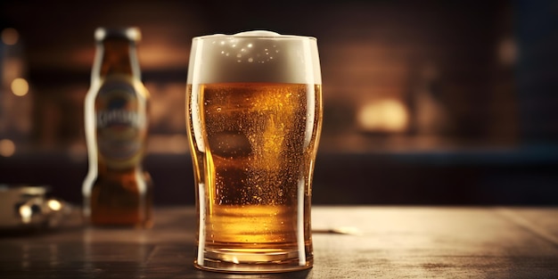 glass of beer on a table in a bar on blurred bokeh background