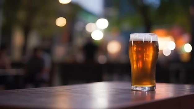 A glass of beer on a table in a bar