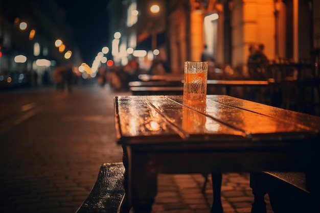 A glass of beer on a table outside at night