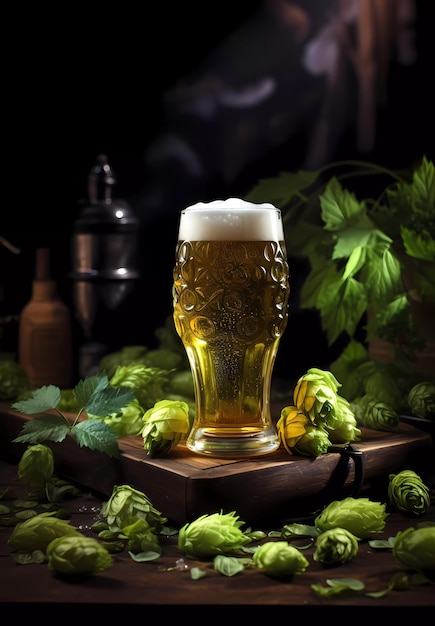 A glass of beer on a table surrounded by hops on a dark background