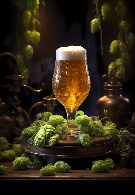 A glass of beer on a table surrounded by hops on a dark background