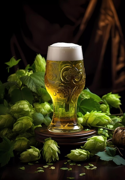 A glass of beer on a table surrounded by hops on a dark background