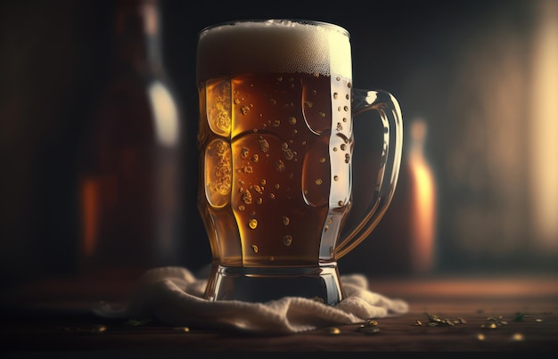 A glass of beer on a table with a dark background.