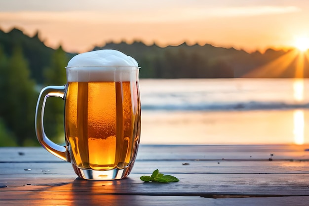 A glass of beer on a table with a lake in the background
