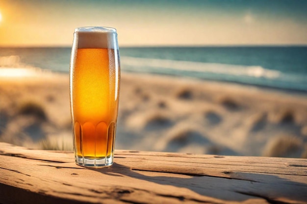 a glass of beer on a table with the ocean in the background