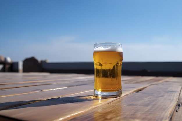 A glass of beer on a table with the sky in the background