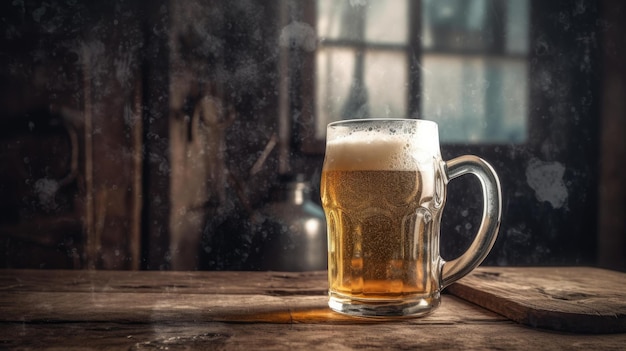 A glass of beer on a table with a wooden spoon on the table