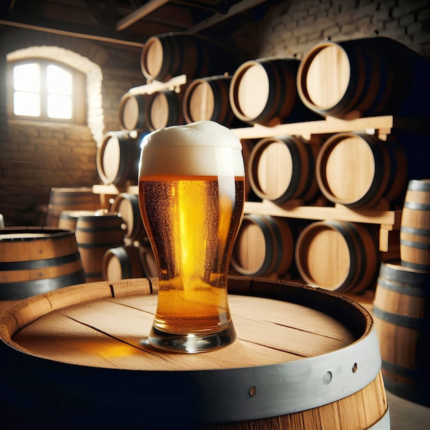 Glass of beer on top of wooden barrel and wood barrels in cellar at the background