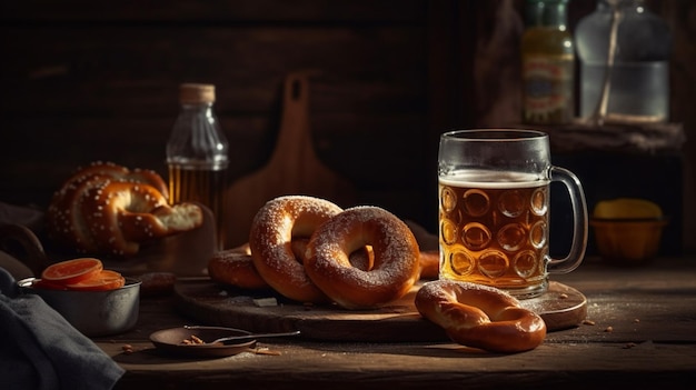 A glass of beer with bagels