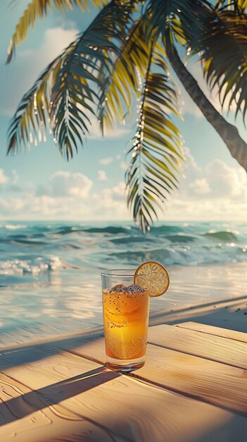 a glass of beer with a beach scene in the background