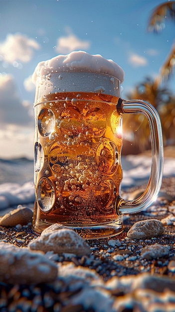 a glass of beer with a beach scene in the background