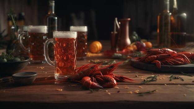 Glass of beer with boiled crayfish Generative Ai