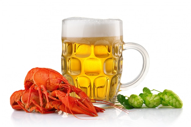 Glass of beer with boiled crayfishes and green hop