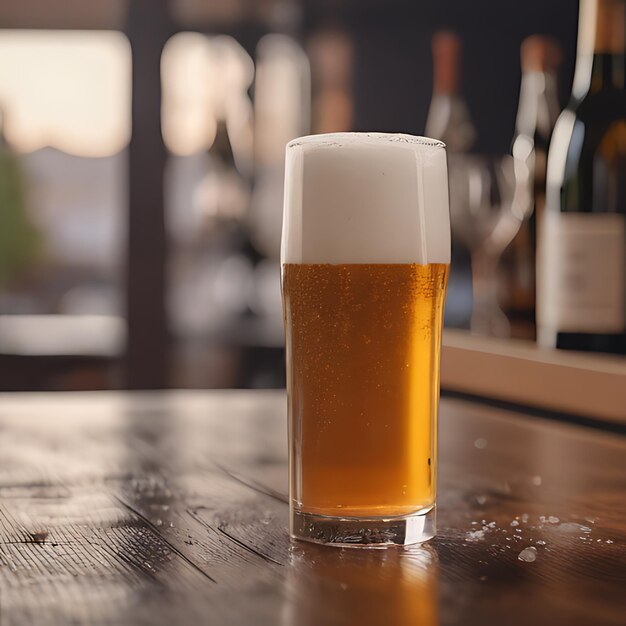 Foto un bicchiere di birra con una bottiglia di birra sul tavolo