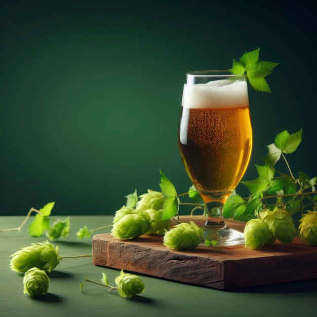 Glass of beer with branch of fresh hops over green background ai generative