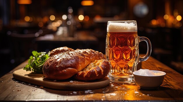 a glass of beer with bread and bread on a table